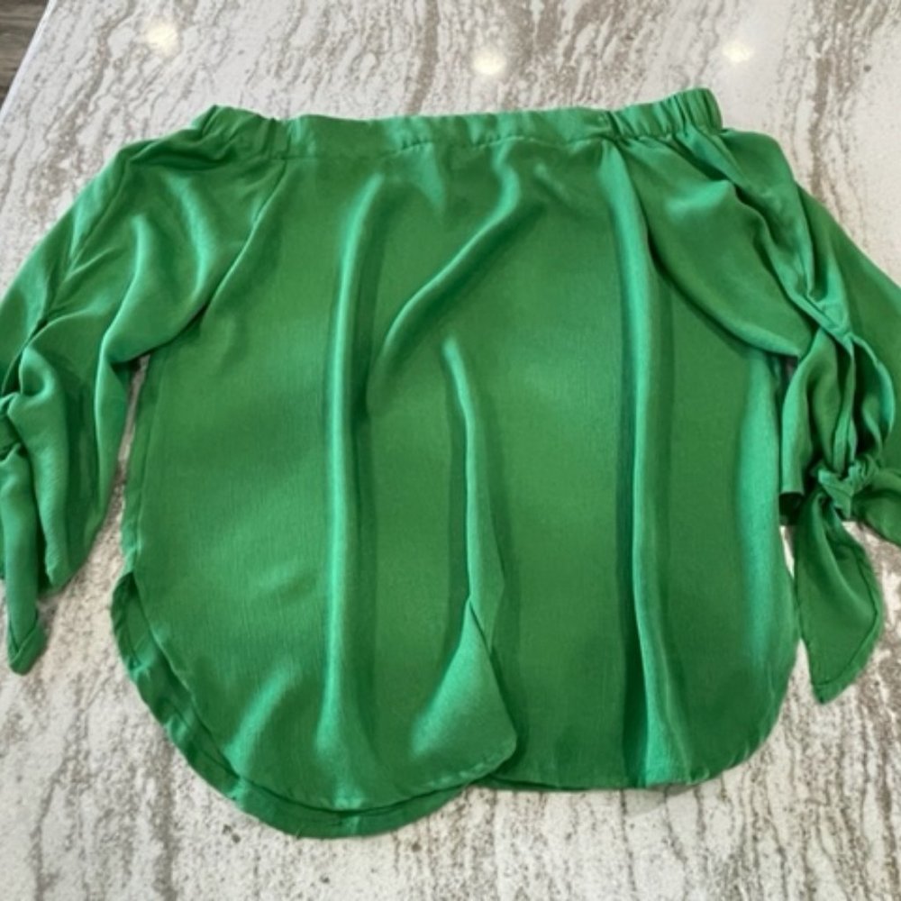 Green, Off-the-Shoulder Top with Sleeve Tie Detail